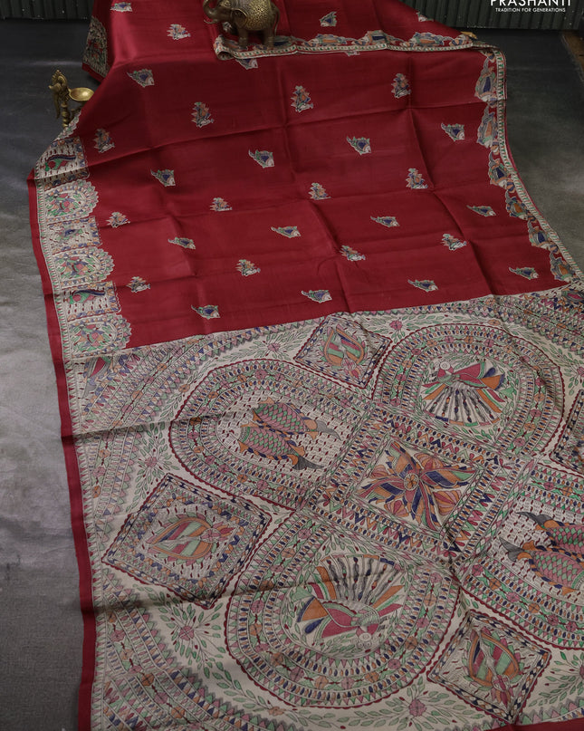 Madhubai printed silk saree red and cream with butta prints and madhubani printed border