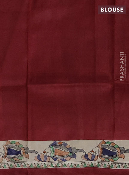 Madhubai printed silk saree red and cream with butta prints and madhubani printed border