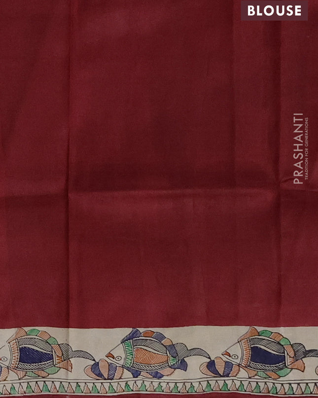 Madhubai printed silk saree red and cream with butta prints and madhubani printed border