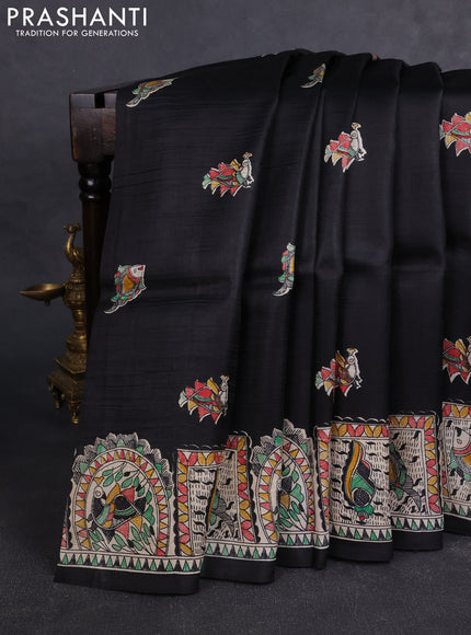 Madhubai printed silk saree black with butta prints and madhubani printed border