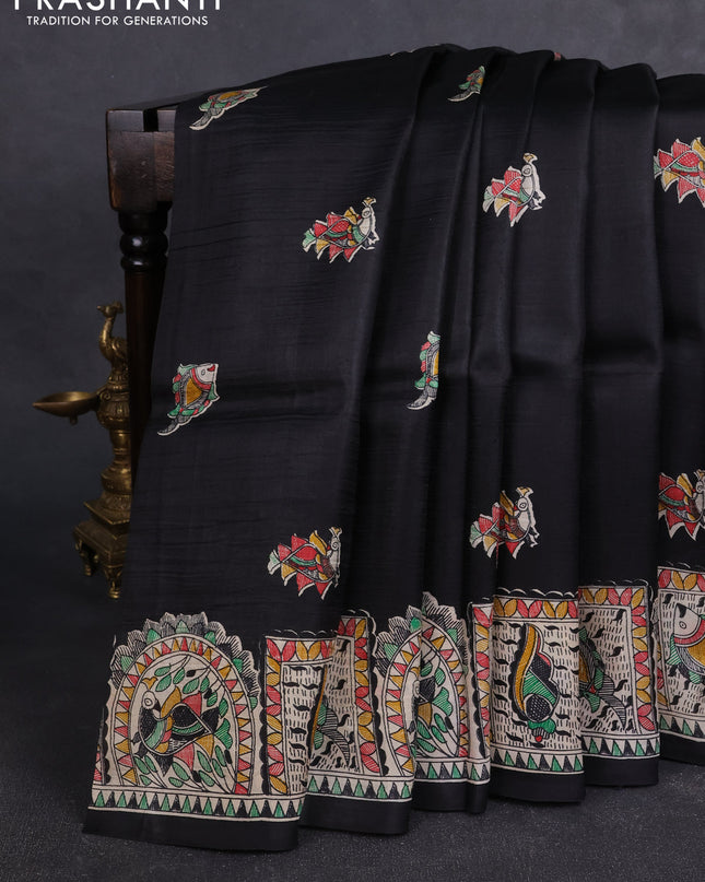 Madhubai printed silk saree black with butta prints and madhubani printed border