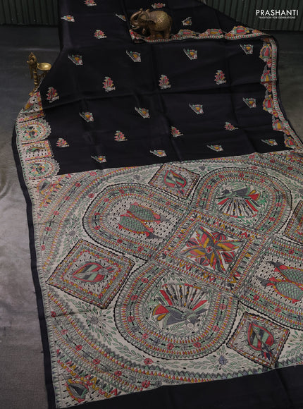 Madhubai printed silk saree black with butta prints and madhubani printed border