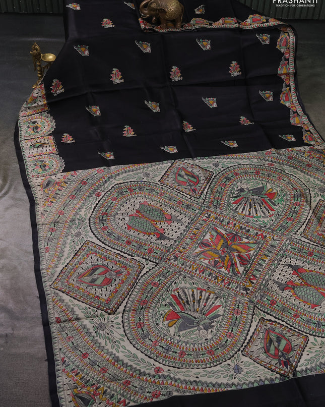 Madhubai printed silk saree black with butta prints and madhubani printed border