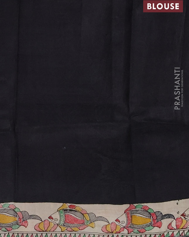 Madhubai printed silk saree black with butta prints and madhubani printed border