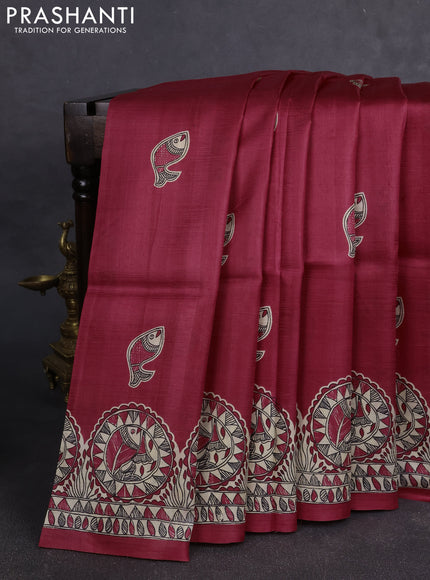 Madhubai printed silk saree tomato pink with butta prints and madhubani printed border