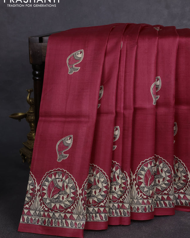 Madhubai printed silk saree tomato pink with butta prints and madhubani printed border