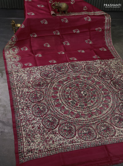 Madhubai printed silk saree tomato pink with butta prints and madhubani printed border