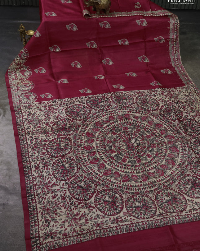 Madhubai printed silk saree tomato pink with butta prints and madhubani printed border