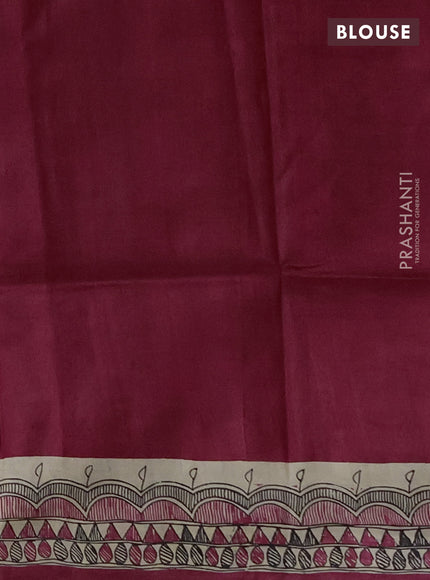 Madhubai printed silk saree tomato pink with butta prints and madhubani printed border