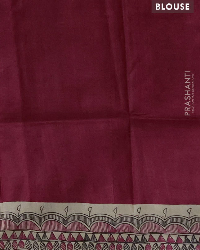 Madhubai printed silk saree tomato pink with butta prints and madhubani printed border