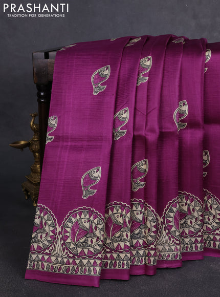 Madhubai printed silk saree purple with butta prints and madhubani printed border