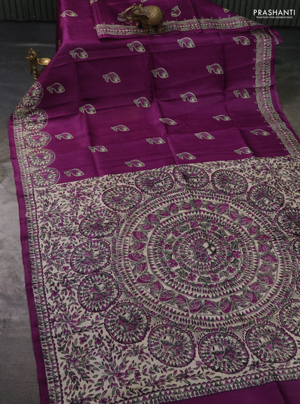Madhubai printed silk saree purple with butta prints and madhubani printed border