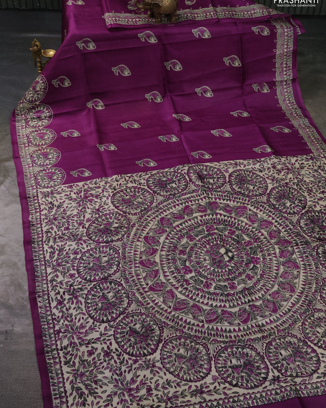 Madhubai printed silk saree purple with butta prints and madhubani printed border