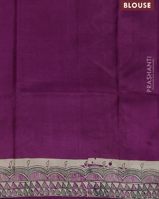Madhubai printed silk saree purple with butta prints and madhubani printed border