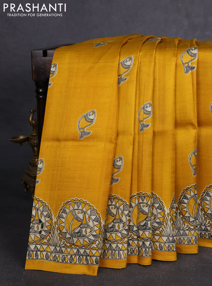 Madhubai printed silk saree mustard yellow with butta prints and madhubani printed border