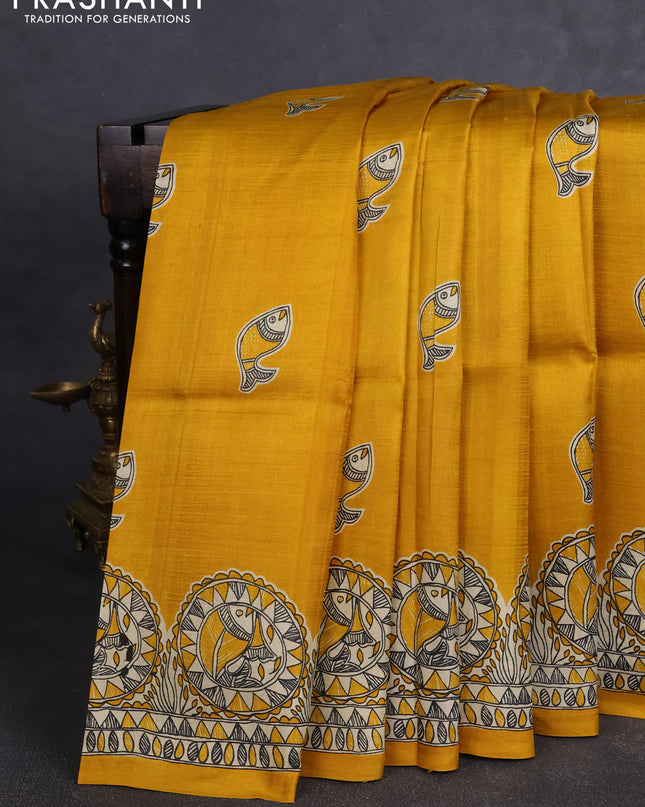 Madhubai printed silk saree mustard yellow with butta prints and madhubani printed border