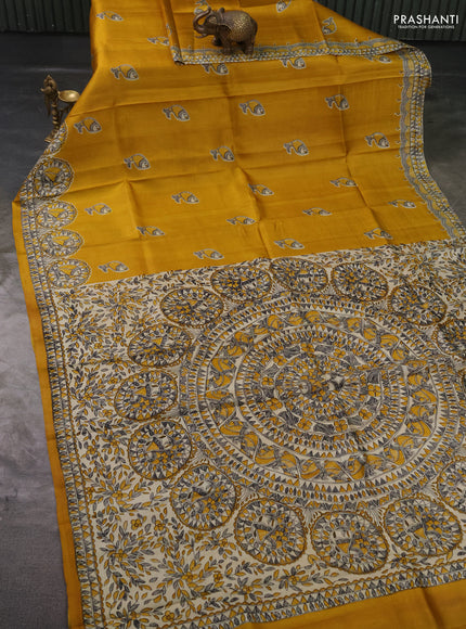 Madhubai printed silk saree mustard yellow with butta prints and madhubani printed border