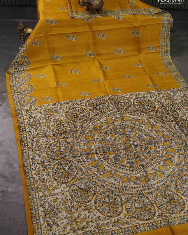 Madhubai printed silk saree mustard yellow with butta prints and madhubani printed border