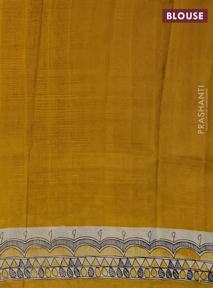 Madhubai printed silk saree mustard yellow with butta prints and madhubani printed border