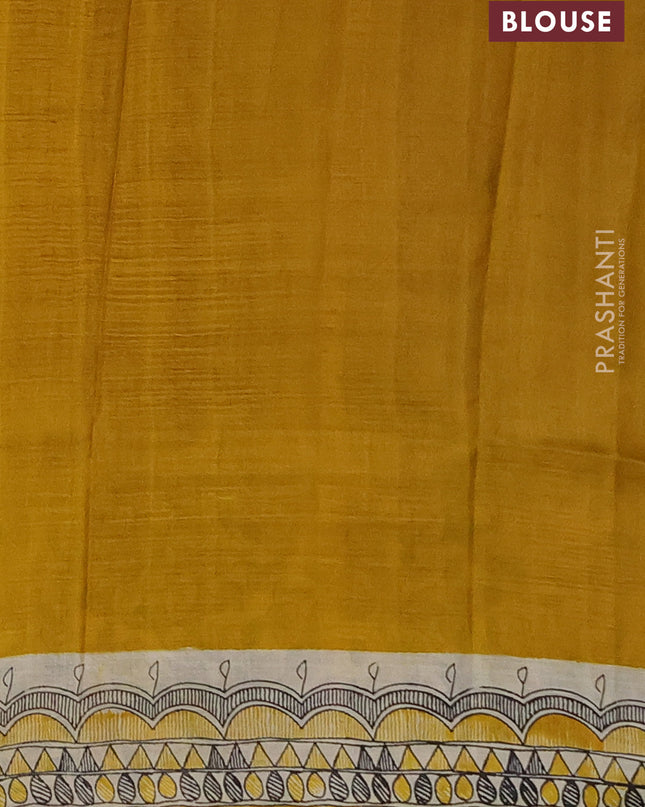 Madhubai printed silk saree mustard yellow with butta prints and madhubani printed border