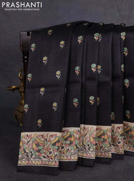Madhubai printed silk saree black and cream with butta prints and madhubani printed border