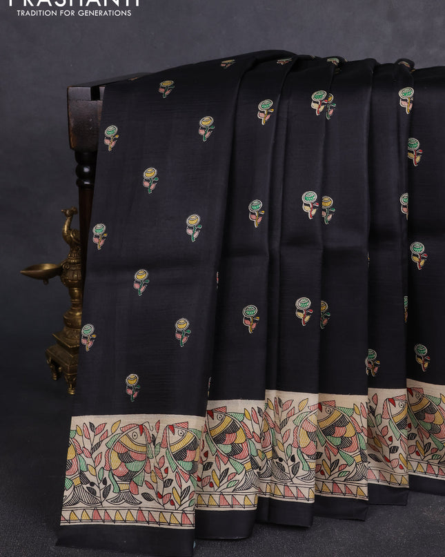 Madhubai printed silk saree black and cream with butta prints and madhubani printed border
