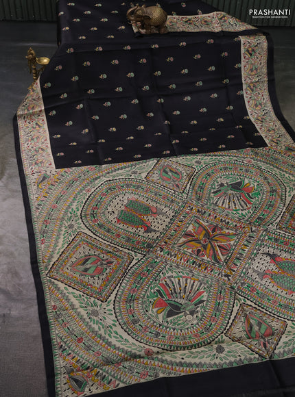 Madhubai printed silk saree black and cream with butta prints and madhubani printed border