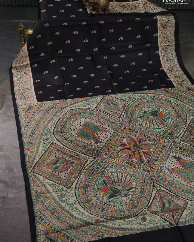 Madhubai printed silk saree black and cream with butta prints and madhubani printed border