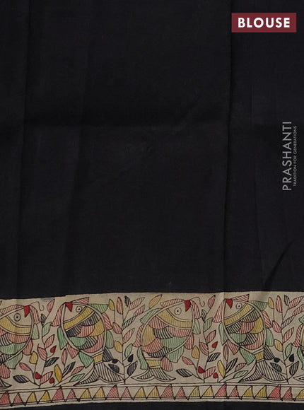 Madhubai printed silk saree black and cream with butta prints and madhubani printed border