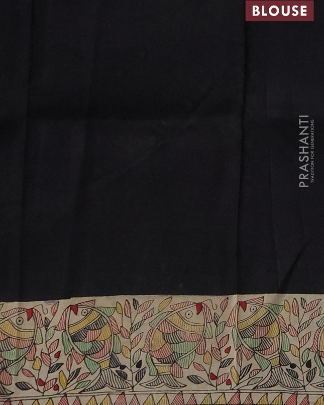 Madhubai printed silk saree black and cream with butta prints and madhubani printed border