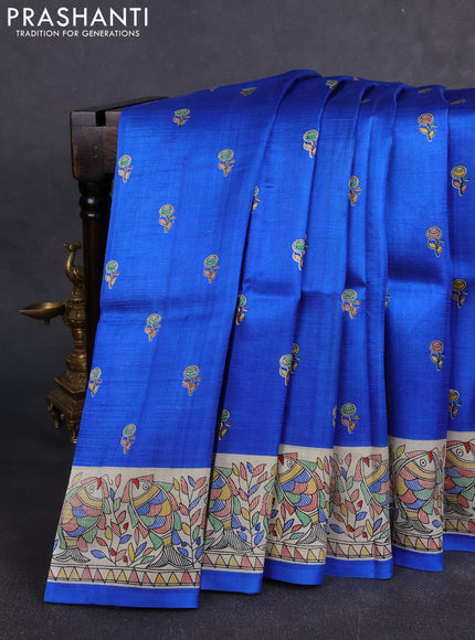 Madhubai printed silk saree royal blue and cream with butta prints and madhubani printed border