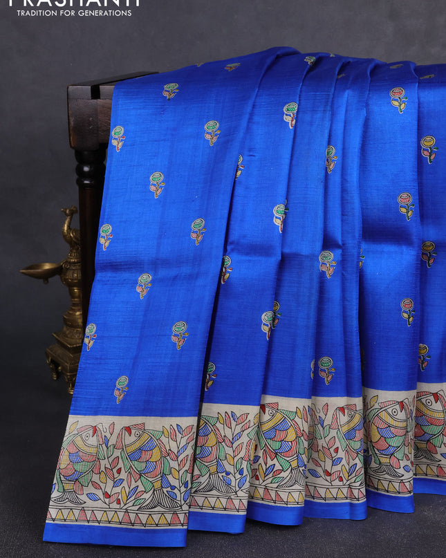 Madhubai printed silk saree royal blue and cream with butta prints and madhubani printed border