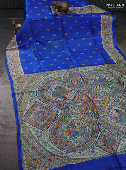 Madhubai printed silk saree royal blue and cream with butta prints and madhubani printed border