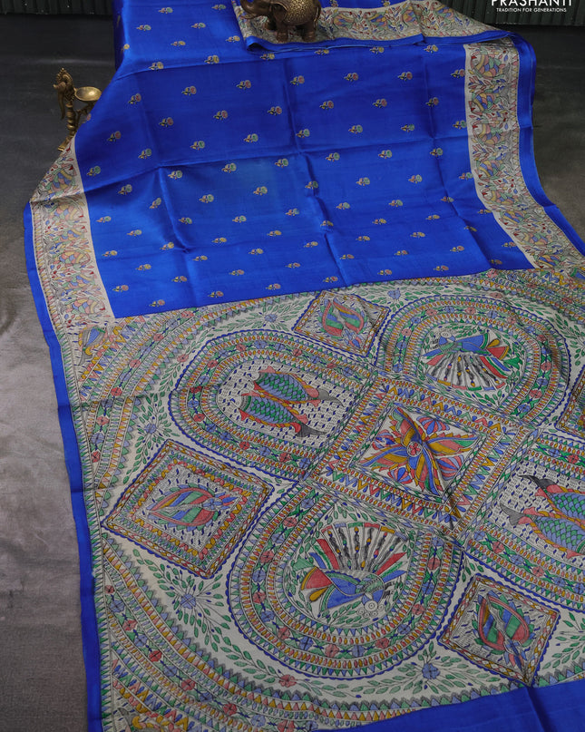 Madhubai printed silk saree royal blue and cream with butta prints and madhubani printed border