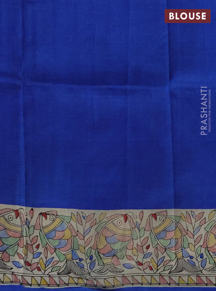 Madhubai printed silk saree royal blue and cream with butta prints and madhubani printed border