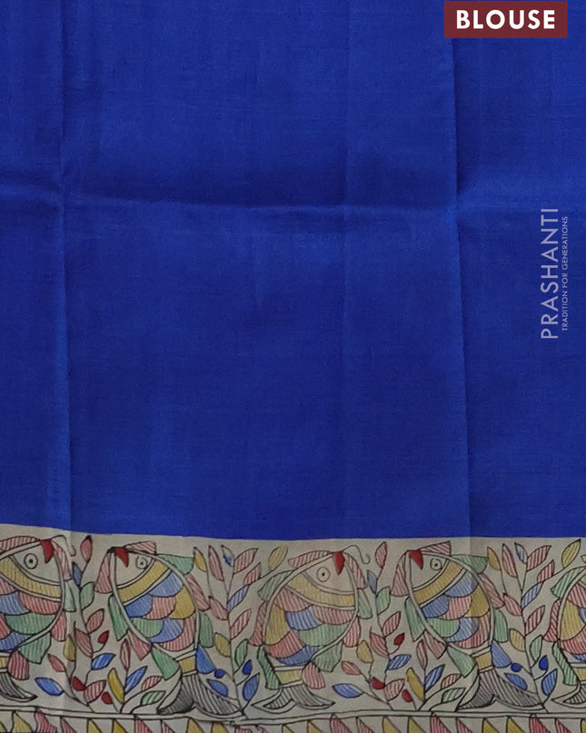 Madhubai printed silk saree royal blue and cream with butta prints and madhubani printed border