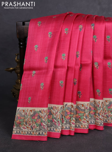 Madhubai printed silk saree pink and cream with butta prints and madhubani printed border