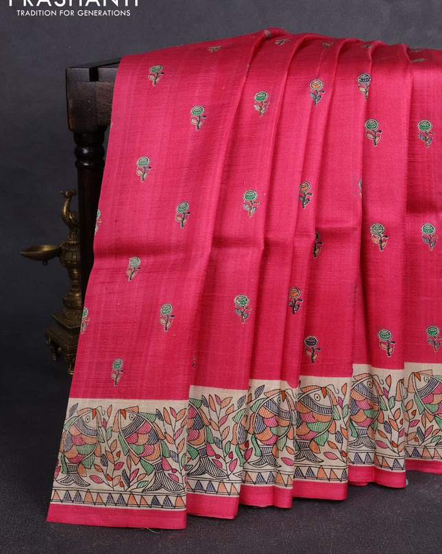 Madhubai printed silk saree pink and cream with butta prints and madhubani printed border