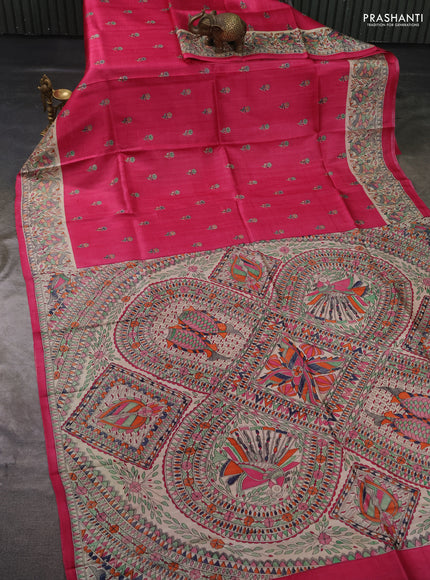 Madhubai printed silk saree pink and cream with butta prints and madhubani printed border