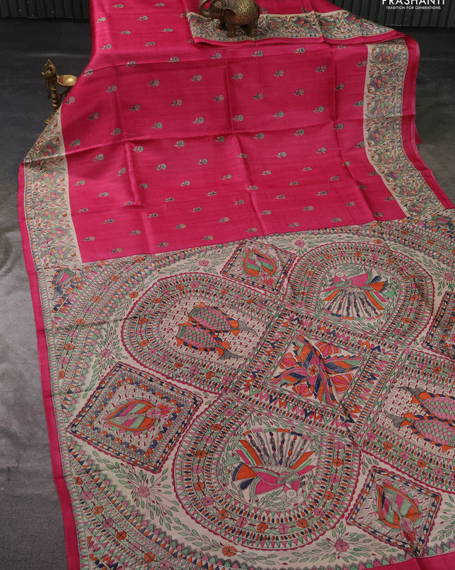 Madhubai printed silk saree pink and cream with butta prints and madhubani printed border