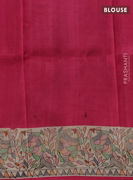 Madhubai printed silk saree pink and cream with butta prints and madhubani printed border