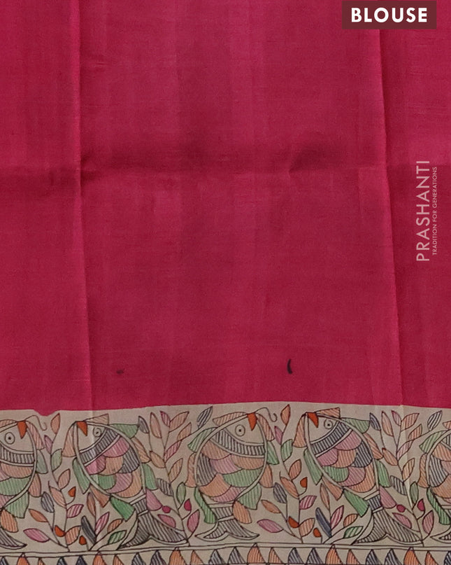 Madhubai printed silk saree pink and cream with butta prints and madhubani printed border