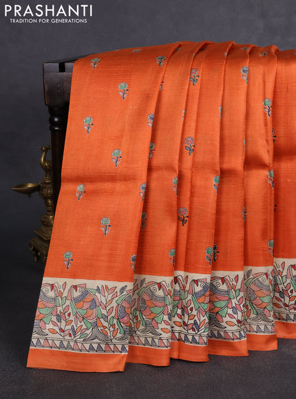 Madhubai printed silk saree orange and cream with butta prints and madhubani printed border