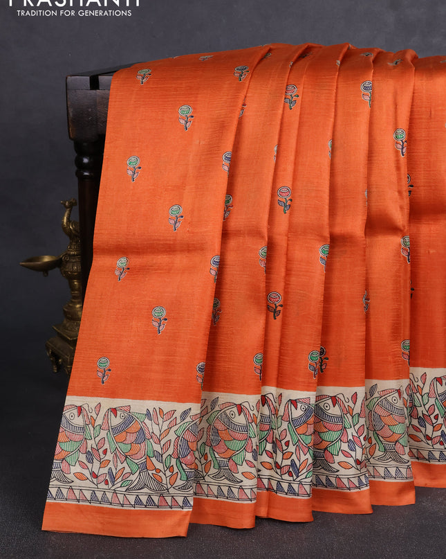 Madhubai printed silk saree orange and cream with butta prints and madhubani printed border