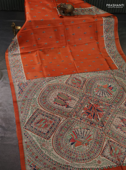 Madhubai printed silk saree orange and cream with butta prints and madhubani printed border