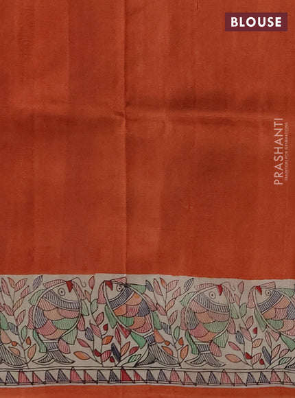 Madhubai printed silk saree orange and cream with butta prints and madhubani printed border