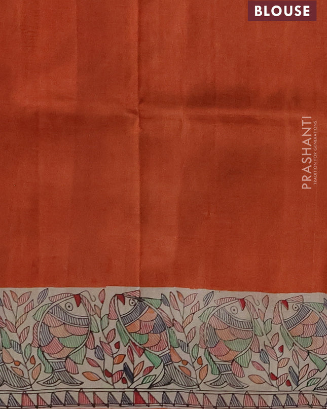 Madhubai printed silk saree orange and cream with butta prints and madhubani printed border