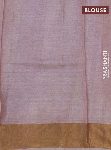 Pure tussar silk saree pastel peach and cream with allover floral prints and zari woven border