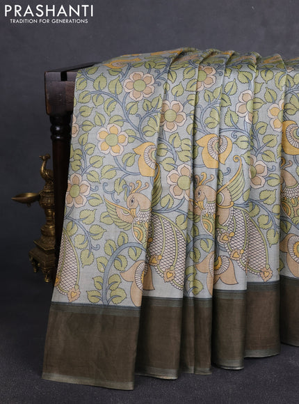 Pure tussar silk saree pastel grey and grey with allover kalamkari prints and zari woven border