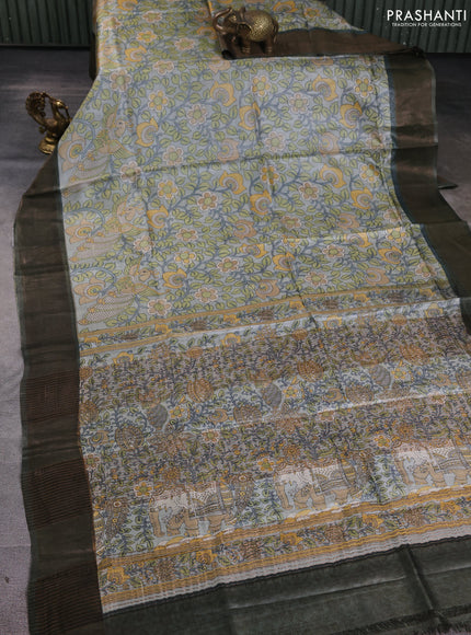 Pure tussar silk saree pastel grey and grey with allover kalamkari prints and zari woven border